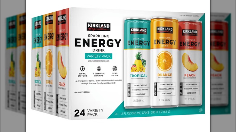 A box of the Kirkland Signature Sparkling Energy Drink sold at Costco on a white background.