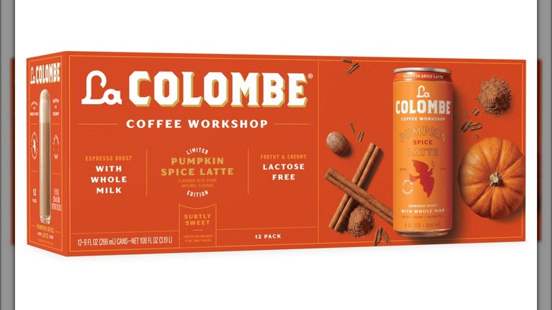 An orange box of the La Colombe Pumpkin Spice Latte cans sold at Costco on a white background.