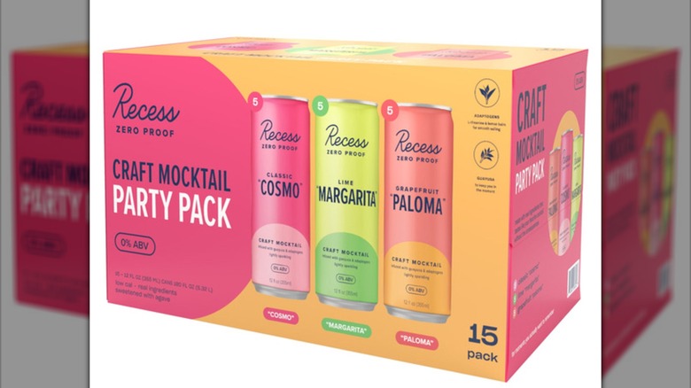 A box of the Recess Zero Proof Craft Mocktail Party Pack sold at Costco on a white background.
