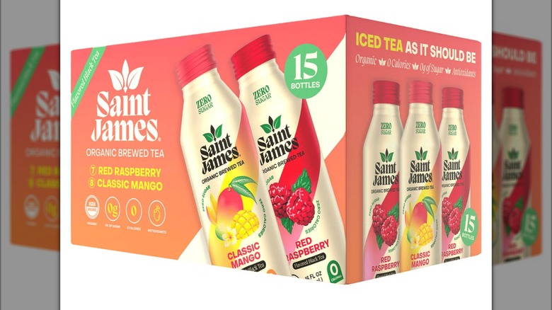 A box of the Saint James Organic Brewed Tea sold at Costco on a white background.