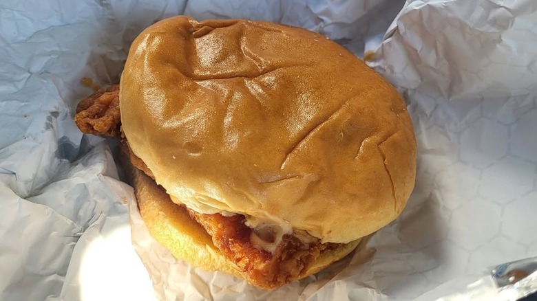 The Fried Chicken Sandwich from Buc-ee's unwrapped.