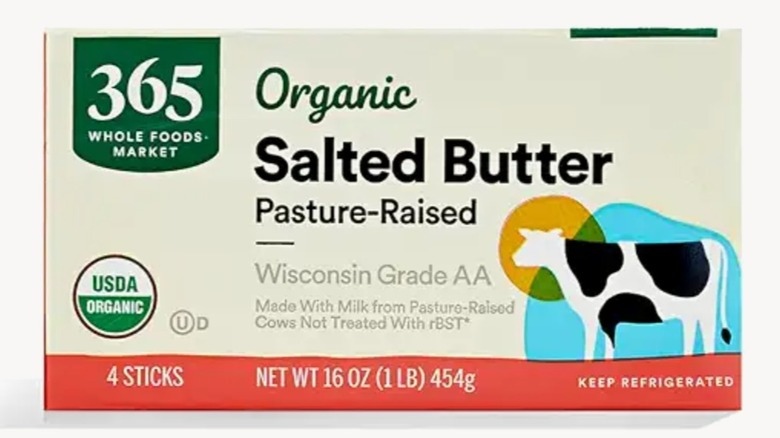 365 Organic Pasture-Raised Salted Butter pack on a white background.