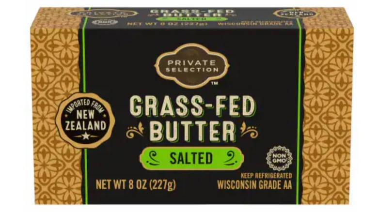 Private Selection Grass-Fed Butter Salted butter block on a white background.