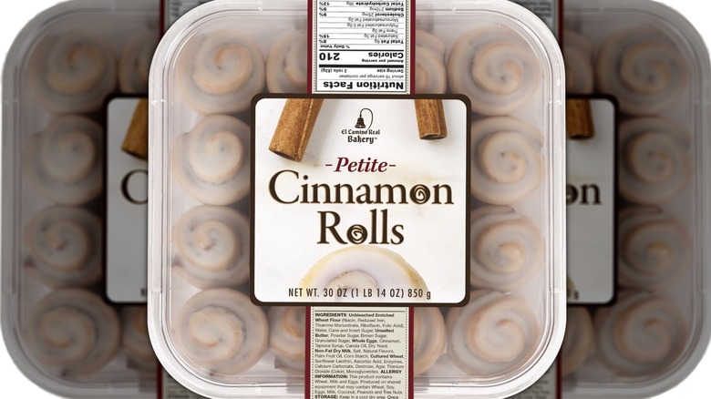 A plastic box of cinnamon rolls produced by El Camino Real Bakery and sold at Costco