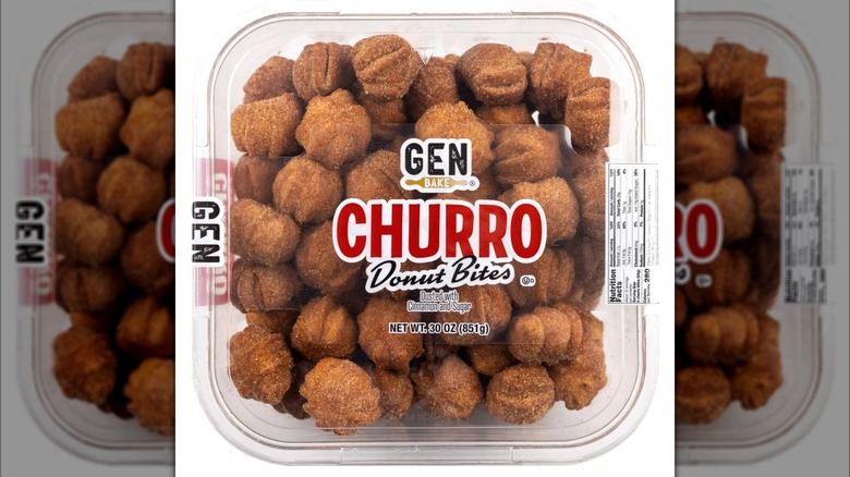 A plastic container of churro donut bites produced by Gen Bake and sold at Costco