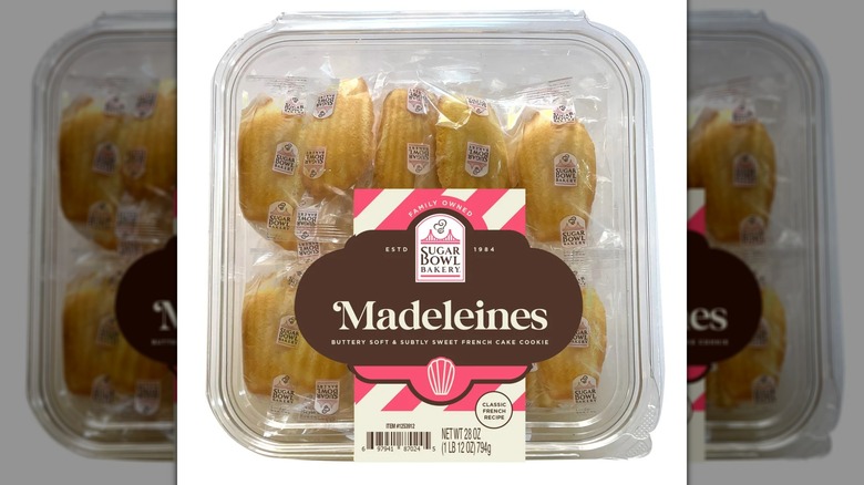 A plastic box of Madeleine Cookies produced by Sugar Bowl Bakery and sold at Costco