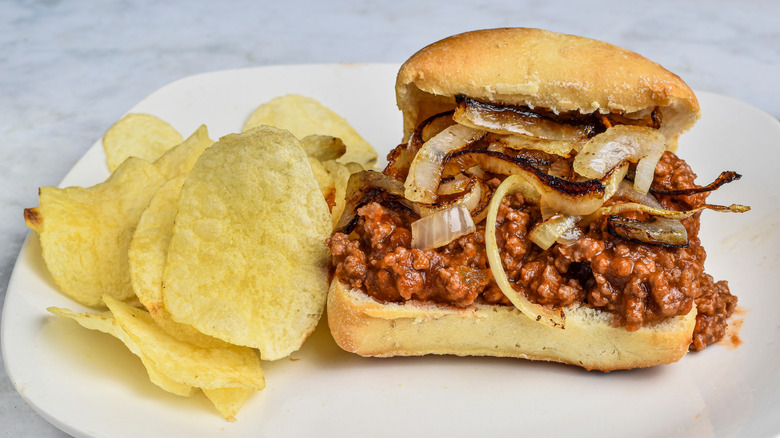 Sloppy Joes with onions and potato chips