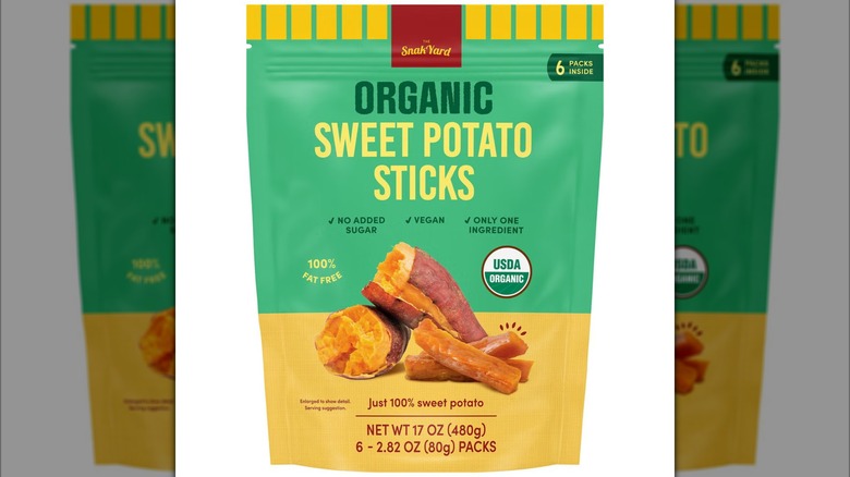 A bag of The SnakYard sweet potato sticks on a white background.