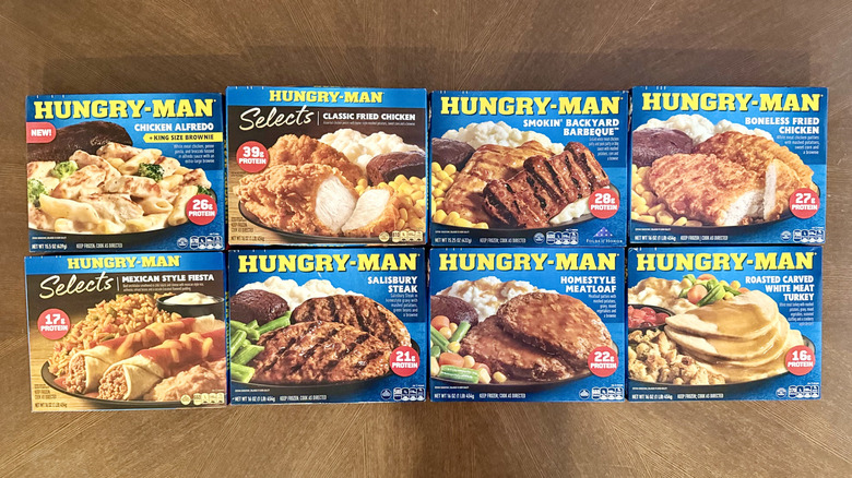 Eight Hungry-Man frozen ready meal boxes together
