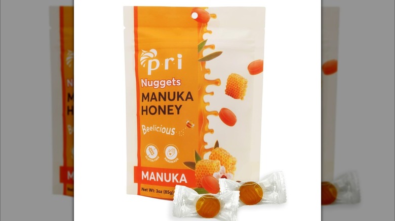 View of PRI Manuka Honey Nuggets package and candy