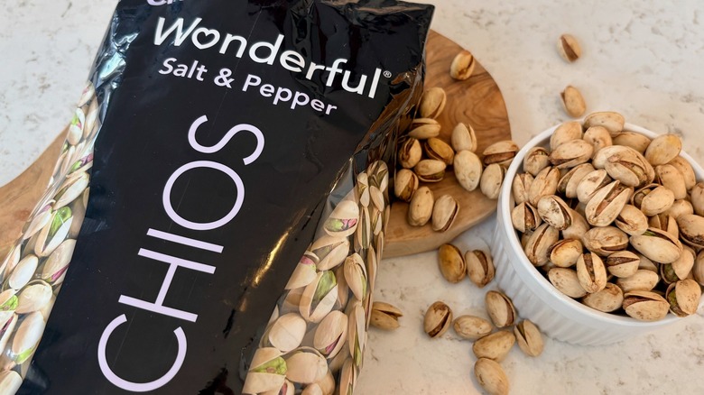 A bag and bowl of Wonderfil salt and pepper pistachios