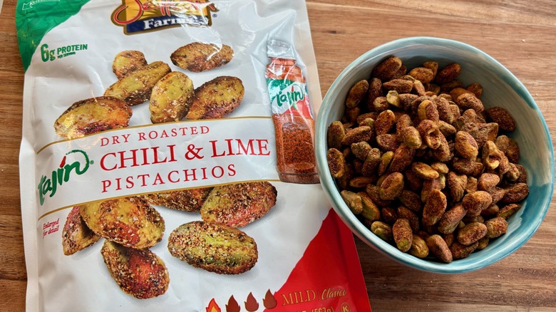 Bag and bowl of Setton Farms chili and lime pistachios from Costco