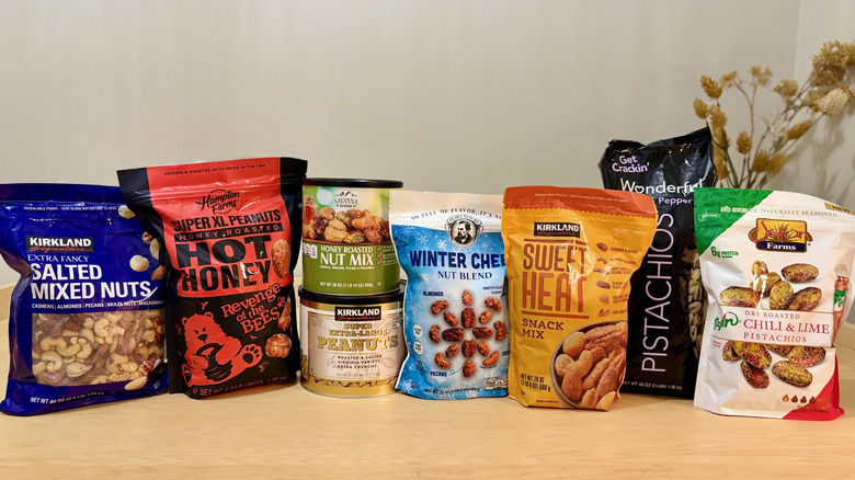 A lineup of snacking nut bags available to buy at Costco