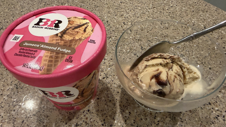 Baskin Robbins pint of Chocolate Chip with a scoop in a glass bowl with a spoon