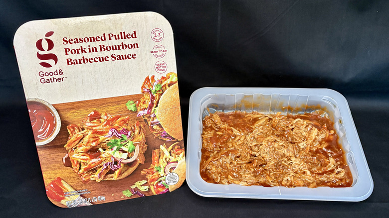 pulled pork in white plastic dish next to Good & Gather packaging