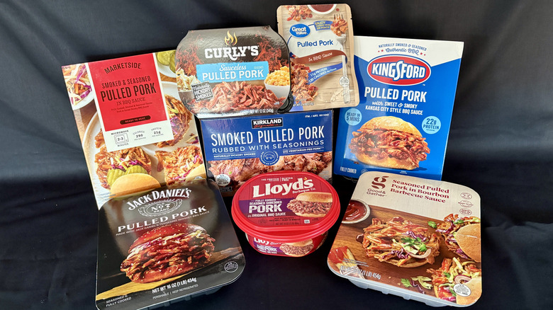 various packages of pulled pork on black background