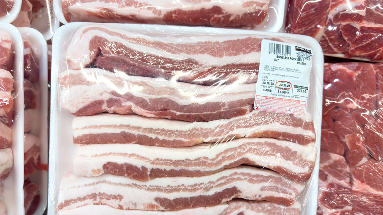 Pack of boneless pork belly slices with best by date