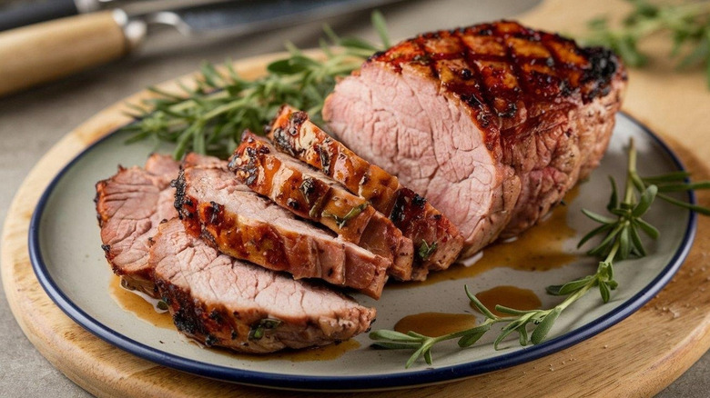 Roasted pork loin sliced on plate