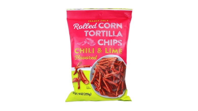 A bag of Trader Joe's Chili and Lime Rolled Corn Tortilla Chips on white background