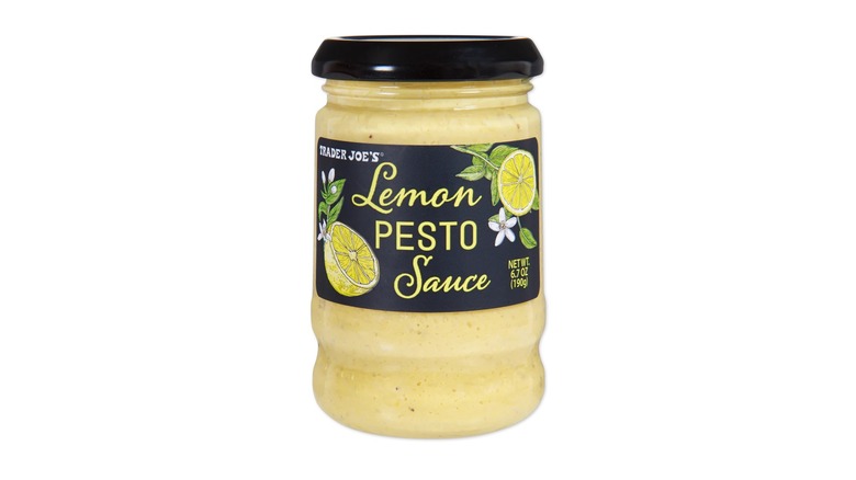 Jar of Trader Joe's Lemon Pesto Sauce on white background