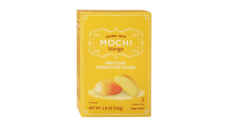 A box of Trader Joe's Mango Mochi on a white background