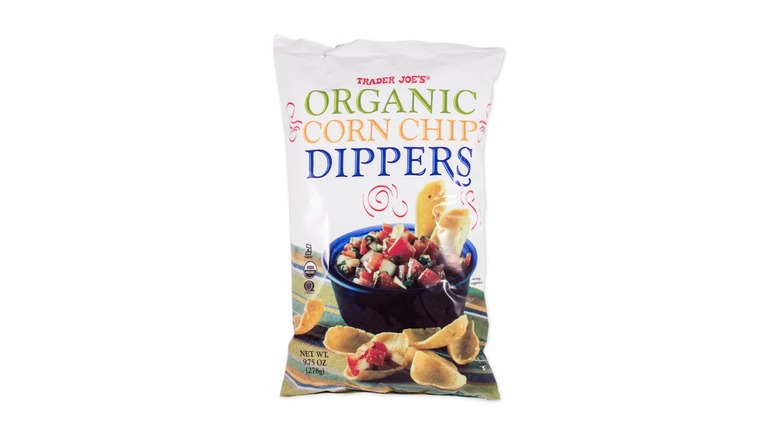 Bag of Trader Joe's Organic Corn Chip Dippers on white background