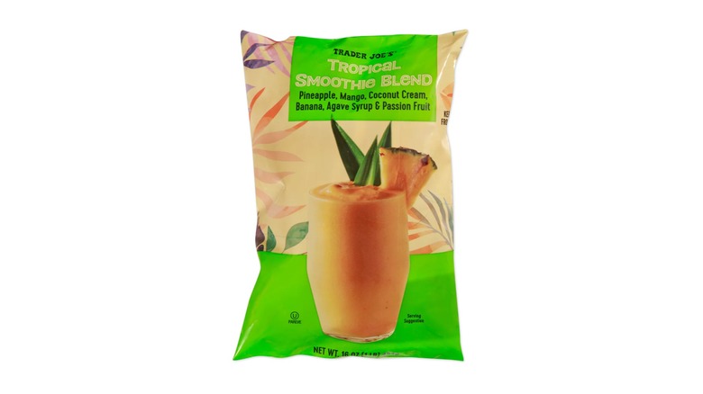 A bag of Trader Joe's Tropical Smoothie Blend frozen fruit on white background