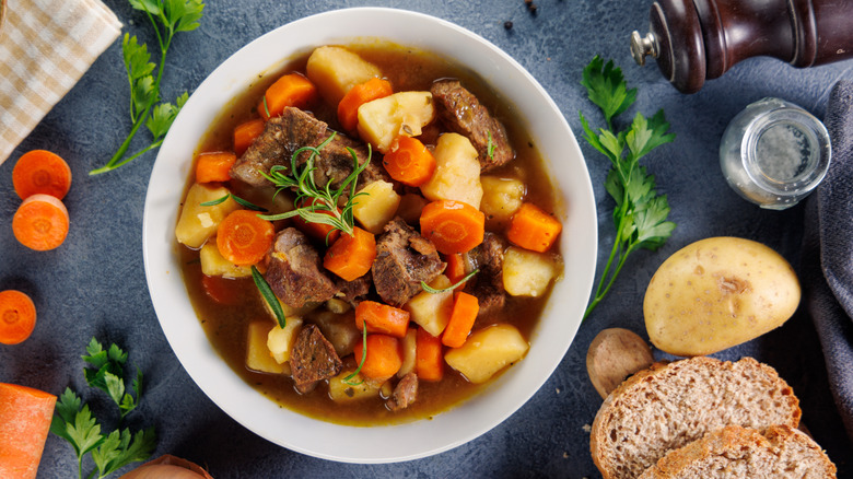 Cholent - traditional slow cooked Jewish stew of beef brisket, butter beans, chickpeas, pearl barley and root vegetables, like cubed white potatoes