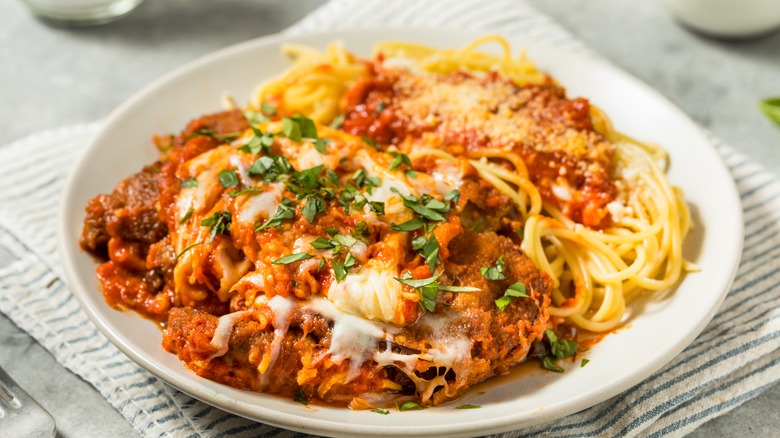 Eggplant Parm on white plate