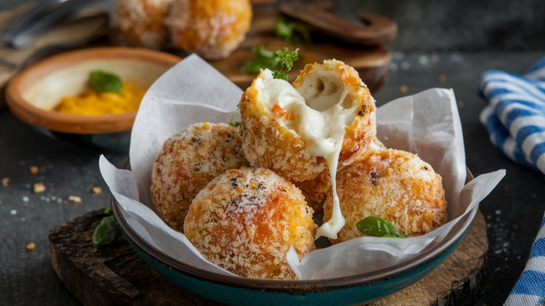 Fried mozzarella balls with cheese dripping