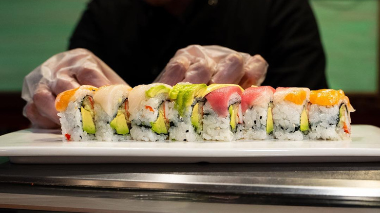 Chef prepares rainbow roll on white plate