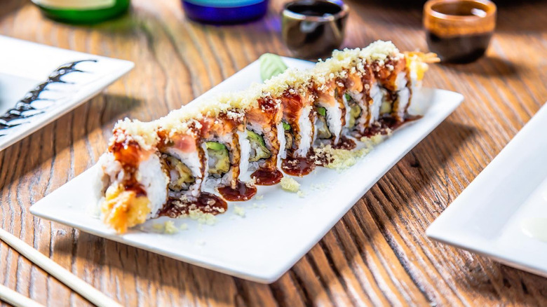 Dragon roll with cripsy tempura topping at Japanese restaurant