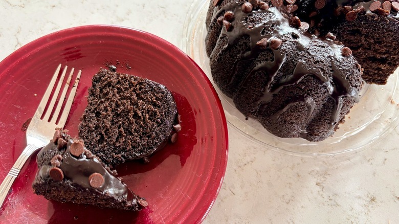 Aldi's Bake Shop Triple Chocolate Creme Cake sliced on a plate