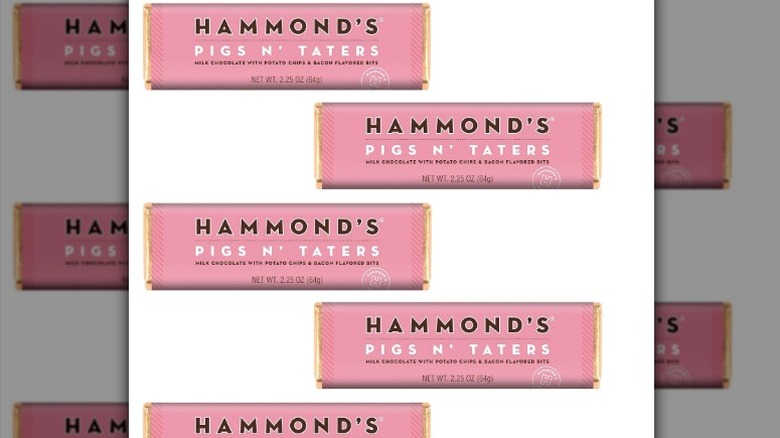 Bars of Hammond's Pigs n' Taters chocolate bars on a white background.