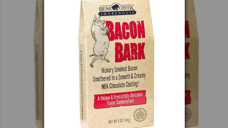A bag of Bacon Bark from Bear Creek Smokehouse on a white background.