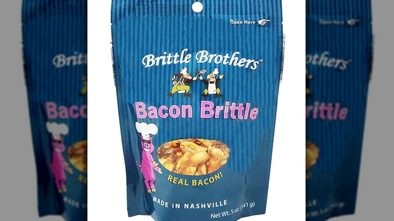 A bag of Brittle Brothers Bacon Brittle on a white background.