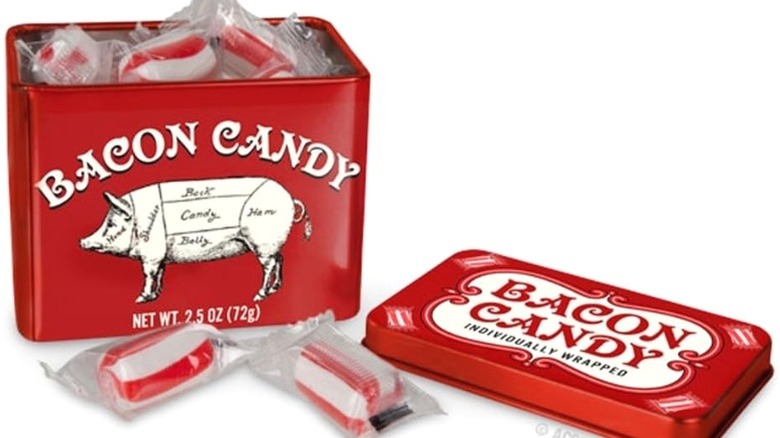 An open container of Bacon Candy on a white background.