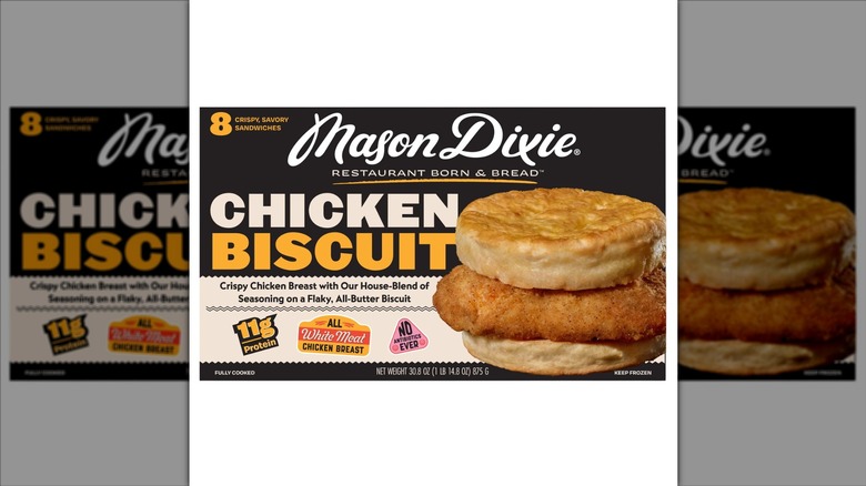 Mason Dixie Chicken Biscuit Sandwiches on a white background.