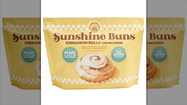 Sunshine Buns Cinnamon Rolls with Cream Cheese on a white background.