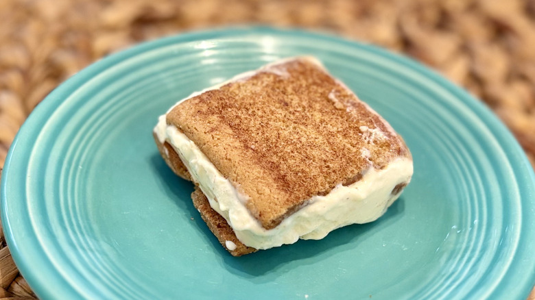 A FatBoy cinnamon churro ice cream sandwich on a plate