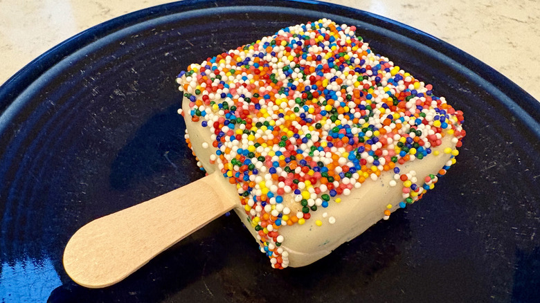 Closeup of a FatBoy birthday cake ice cream sandwich pop with colorful sprinkles