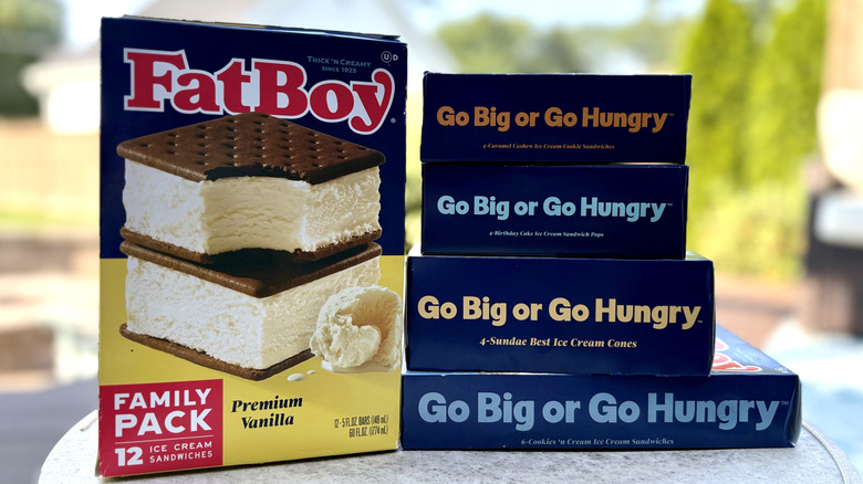 A stack of FatBoy ice cream sandwich boxes