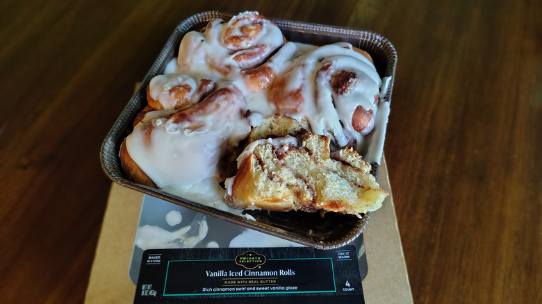 A pan of Private Selection vanilla iced cinnamon rolls.
