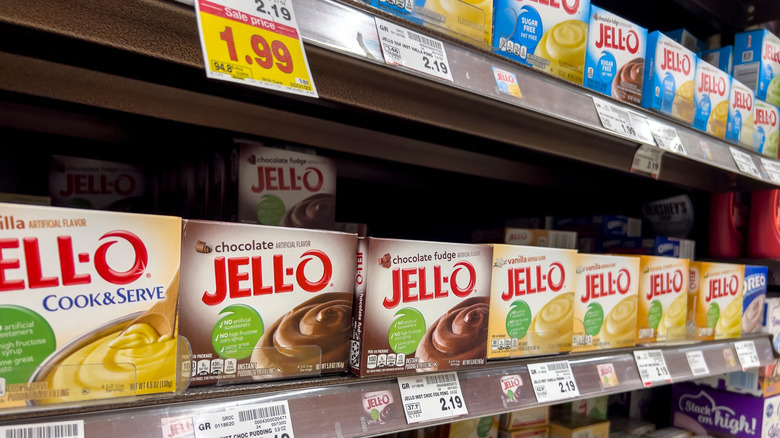 Boxes of Vanilla Pudding mix on store shelves
