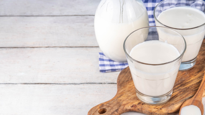 Homemade dairy Buttermilk Drink, Cultured buttermilk in glasses on a wooden board