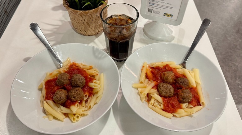 Two large bowls of Pasta with Marinara Sauce and meatballs from Ikea's Swedish Restaurant