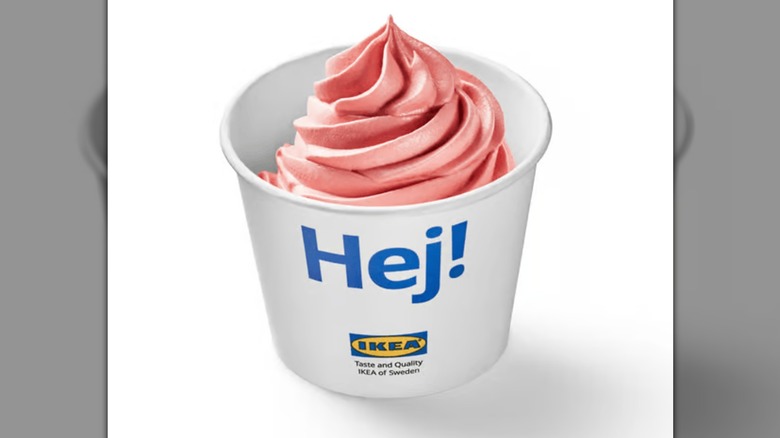 A cup of the Strawberry Soft Serve Ice Dessert from the Ikea Swedish Bistro on a white background.