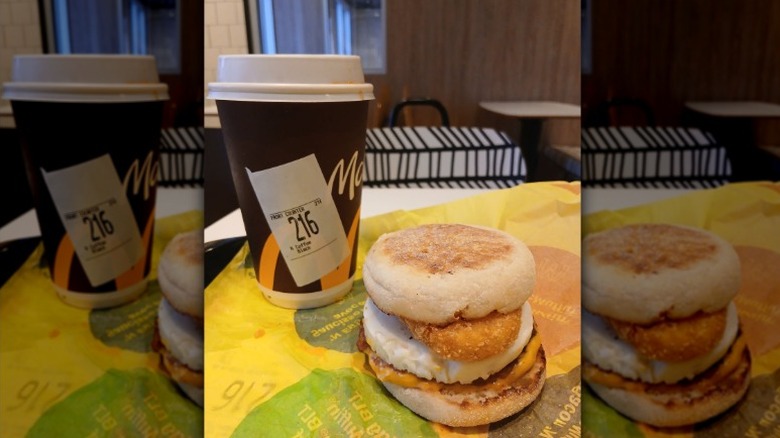 A Sausage and Egg McMuffin from McDonald's with a hashbrown added to it