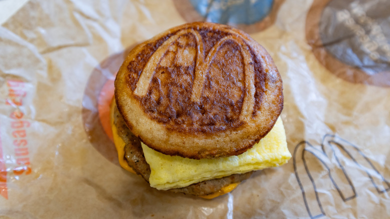 An above view of the Sausage, Egg & Cheese McGriddle from McDonald's