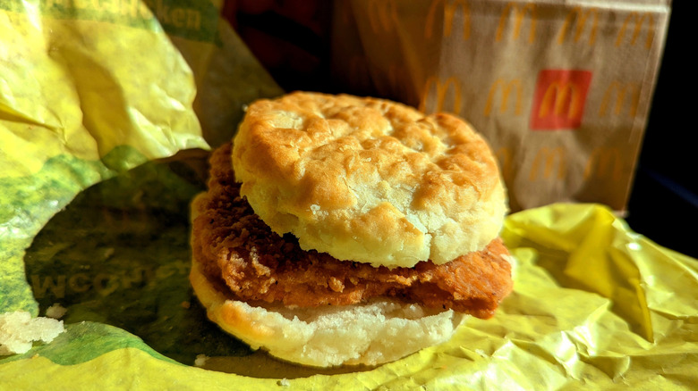 McDonald's biscuit sandwich on yellow wrapper